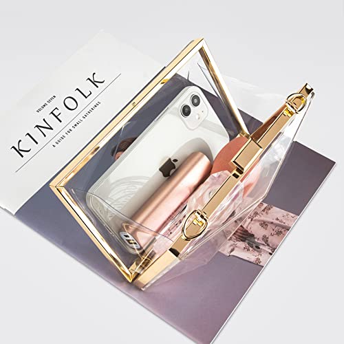 Women Clear Purse, Acrylic Box Evening Clutch Bag, Transparent Rhombus Lady Party Wedding Crossbody Shoulder Handbag (Gold)