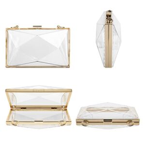 Women Clear Purse, Acrylic Box Evening Clutch Bag, Transparent Rhombus Lady Party Wedding Crossbody Shoulder Handbag (Gold)