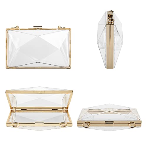 Women Clear Purse, Acrylic Box Evening Clutch Bag, Transparent Rhombus Lady Party Wedding Crossbody Shoulder Handbag (Gold)