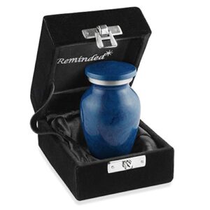 reminded small cremation memorial urn for human ashes, blue mini keepsake with velvet case