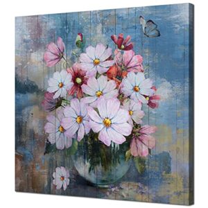 anolyfi bathroom decor flowers canvas wall art for bedroom butterfly picture watercolor painting vintage retro framed artwork for guest living room kitchen dinning room office home decor 14″x14″