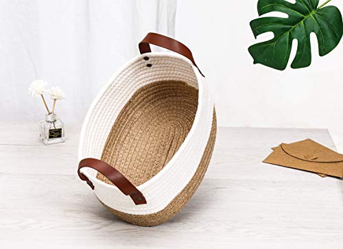 ZFRXZ Small Cotton Rope Basket with Handles, Oval Woven Basket Diaper Caddy, Storage Bins Toy Organizer, Baby Basket (White-Jute, 12"×8"×5")