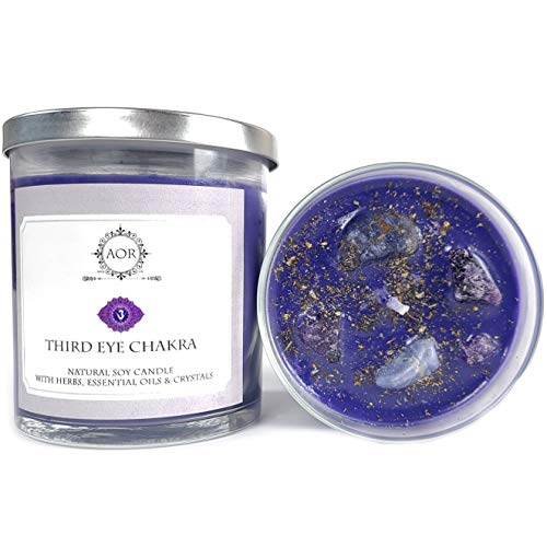 Third Eye Soy Chakra Candle (Ajna) 8.5 oz with Amethyst and Sodalite Crystals, Herbs & Essential Oils for Intuition, Wisdom, Sixth Sense & Awareness (Yoga, Meditation, Wiccan, Spirituality)