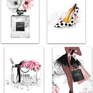 Lodintech Fashion Canvas Wall Art Girls Bedroom Wall Decor Pink Flower Perfume Unframed Art Prints Fashion Posters Living Room Women Office Decorations Makeup Brush High Heels Paintings,8x12'' 4PCS