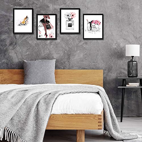 Lodintech Fashion Canvas Wall Art Girls Bedroom Wall Decor Pink Flower Perfume Unframed Art Prints Fashion Posters Living Room Women Office Decorations Makeup Brush High Heels Paintings,8x12'' 4PCS