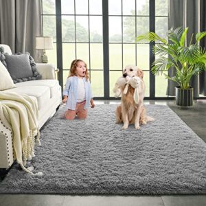 kimicole grey area rug for bedroom living room carpet home decor, upgraded 5×8 cute fluffy rug for apartment dorm room essentials for teen girls kids, shag nursery rugs for baby room decorations