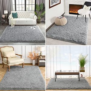 Kimicole Grey Area Rug for Bedroom Living Room Carpet Home Decor, Upgraded 5x8 Cute Fluffy Rug for Apartment Dorm Room Essentials for Teen Girls Kids, Shag Nursery Rugs for Baby Room Decorations