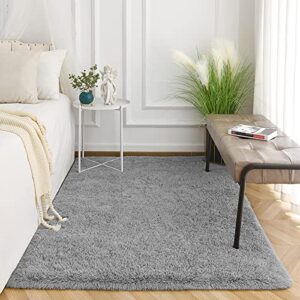 Kimicole Grey Area Rug for Bedroom Living Room Carpet Home Decor, Upgraded 5x8 Cute Fluffy Rug for Apartment Dorm Room Essentials for Teen Girls Kids, Shag Nursery Rugs for Baby Room Decorations