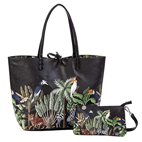 Sydney Love Jungle Print Vegan Leather Reversible Tote & Wristlet Set (Black)