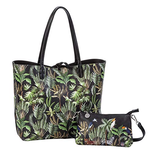 Sydney Love Jungle Print Vegan Leather Reversible Tote & Wristlet Set (Black)