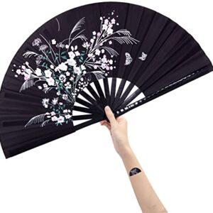 Amajiji Rave Hand Folding Fans - 13 Inch Large Bamboo Handhelp Folding Fan for Women and Men, Hand Fan - Festival Rave Accessories for Decorations Party Dance Performance Gift (Flower)