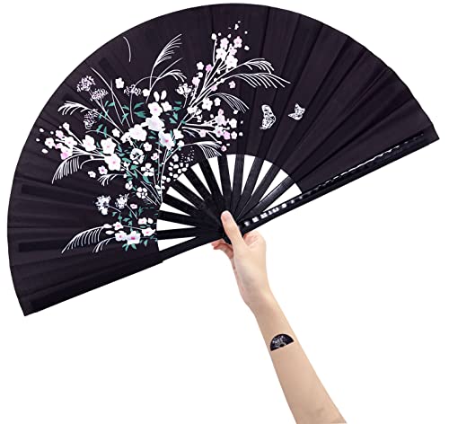 Amajiji Rave Hand Folding Fans - 13 Inch Large Bamboo Handhelp Folding Fan for Women and Men, Hand Fan - Festival Rave Accessories for Decorations Party Dance Performance Gift (Flower)