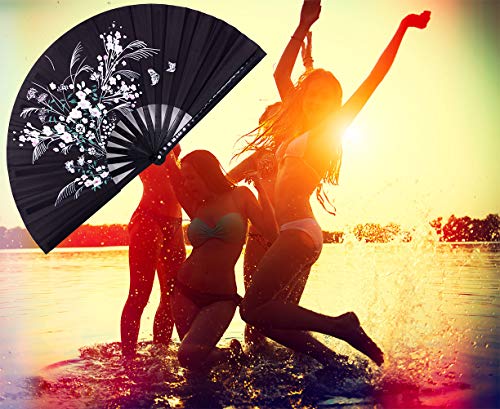 Amajiji Rave Hand Folding Fans - 13 Inch Large Bamboo Handhelp Folding Fan for Women and Men, Hand Fan - Festival Rave Accessories for Decorations Party Dance Performance Gift (Flower)