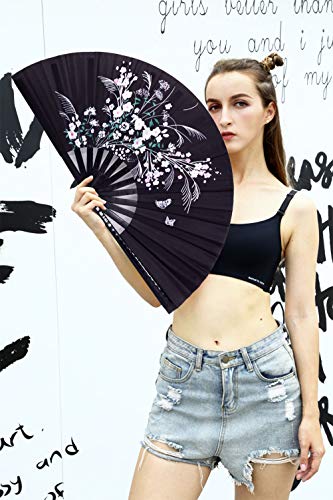 Amajiji Rave Hand Folding Fans - 13 Inch Large Bamboo Handhelp Folding Fan for Women and Men, Hand Fan - Festival Rave Accessories for Decorations Party Dance Performance Gift (Flower)