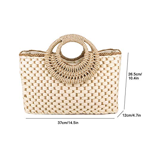 QTKJ Women Summer Retro Straw Bag with Zip Hand-woven Beach Handbag Top Round Handle Boho Tote Bag Shopping and Travel Large Bag (Beige 2)