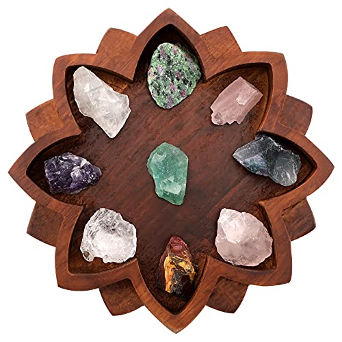 Lotus Mandala Crystal Tray Wooden Crystal Holder for Stones Lotus Shape Crystal Display Tray Wood Jewelry Plate Shelf Healing Crystal Organizer Large Bowl Decor for Gemstones, 7.9 x 7.9 Inch, Brown