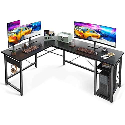 Coleshome L Shaped Computer Desk 66" with Storage Shelves, Corner Gaming Desk, Sturdy Writing Desk Workstation, Modern Wooden Desk Office Desk, Wood & Metal, Black