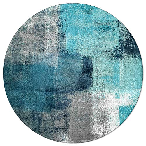 Large Round Area Rug for Living Room Turquoise and Grey Abstract Art Painting Teal Decorative Rug Carpet Floor Mat Yoga Mat for Bedroom Kids Room Home Decor 6 ft