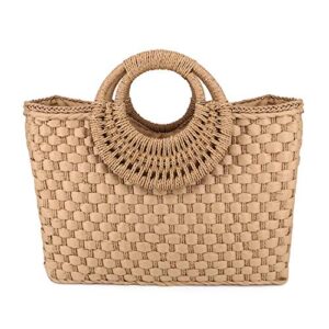 qtkj women summer retro straw bag with zip hand-woven beach handbag top round handle boho tote bag shopping and travel large bag (khaki)