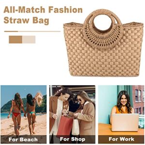 QTKJ Women Summer Retro Straw Bag with Zip Hand-woven Beach Handbag Top Round Handle Boho Tote Bag Shopping and Travel Large Bag (Khaki)