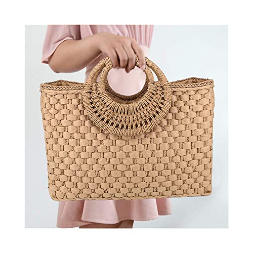 QTKJ Women Summer Retro Straw Bag with Zip Hand-woven Beach Handbag Top Round Handle Boho Tote Bag Shopping and Travel Large Bag (Khaki)