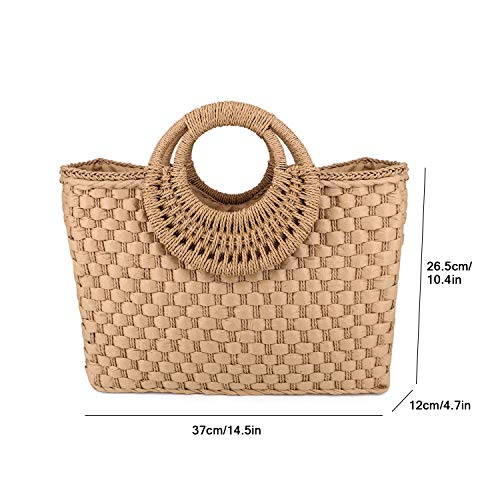 QTKJ Women Summer Retro Straw Bag with Zip Hand-woven Beach Handbag Top Round Handle Boho Tote Bag Shopping and Travel Large Bag (Khaki)