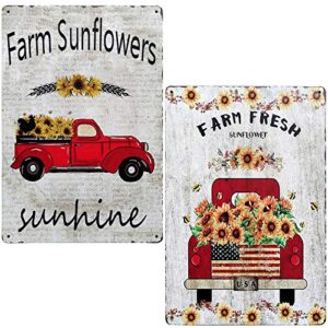 tisoso farm fresh sunflower with red truck vintage tin bar sign farmhouse kitchen wall country home decor for living room bedroom decoration 2pcs-8x12inch