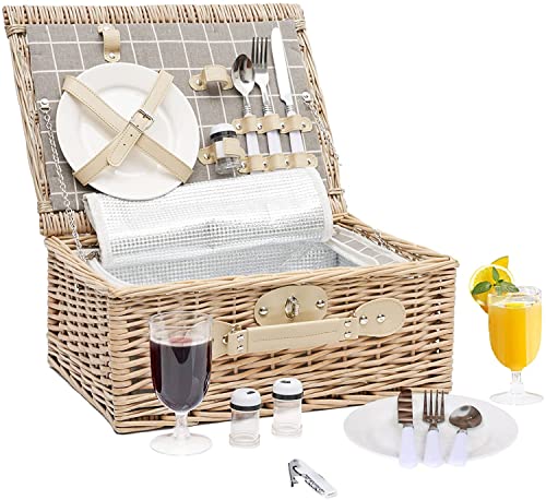 Wicker Picnic Basket for 2 Persons, Willow Picnic Set with Insulated Liner for Picnic, Camping, Outdoor, Valentine Day, Chirtmas, Thanks Giving, Birthday.