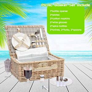 Wicker Picnic Basket for 2 Persons, Willow Picnic Set with Insulated Liner for Picnic, Camping, Outdoor, Valentine Day, Chirtmas, Thanks Giving, Birthday.