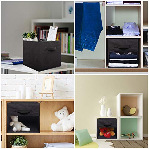 6 Pcs Foldable Fabric Storage Cubes, 11 Inch Cube Storage Bins, Cubby Storage Bins, Shelf Baskets with 2 Durable Handles and Clear Window, for Clothes, Toys, Books, Closet, Shelf, Kids Room, Black