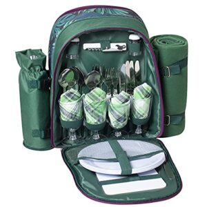 picnic backpack for 4 person, large picnic bag set with cooler compartment, wine bag, picnic blanket for camping, day travel, hiking, bbqs, family or wedding gifts (green)