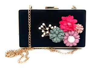 shiiriin | women’s 3d floral black velvet clutch purse hand bag | handmade w/pearl | bridal wedding evening formal party | crossbody