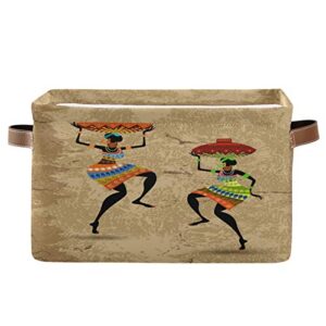 alaza decorative basket rectangular storage bin, tribal ethnic african women organizer basket with leather handles for home office