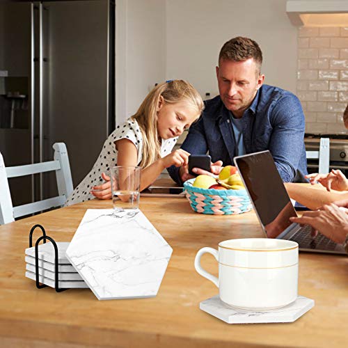 6 pcs White Marble Coasters for Coffee Table Drink Absorbent Coasters with Holder Hexagon Stone Cup Coaster Set Thirstystone Coasters Ceramic Bar Coasters