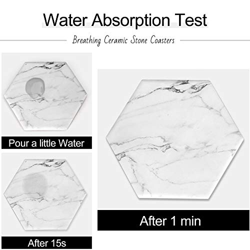 6 pcs White Marble Coasters for Coffee Table Drink Absorbent Coasters with Holder Hexagon Stone Cup Coaster Set Thirstystone Coasters Ceramic Bar Coasters