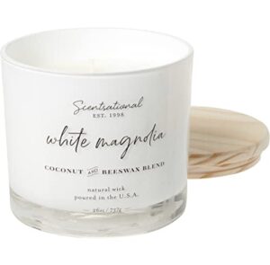 natural coconut + beeswax scented candle white magnolia (in cursive) xl white jar with wooden lid, 26 oz.