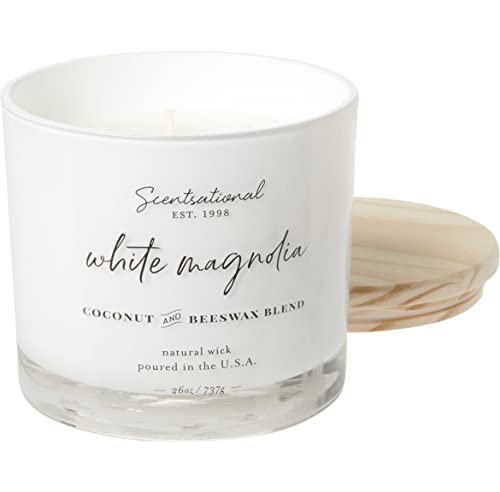 Natural Coconut + Beeswax Scented Candle White Magnolia (in Cursive) XL White Jar with Wooden Lid, 26 Oz.