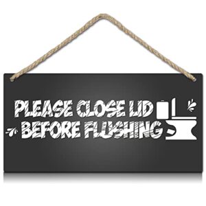 iarttop bathroom wood sign-12.5x25cm,toilet warning sign wooden plaque hanging wall art ,please close lid before flushing hanging washroom bathroom toilet home decoration