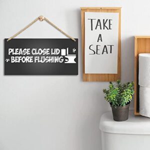 IARTTOP Bathroom Wood Sign-12.5x25cm,Toilet Warning Sign Wooden Plaque Hanging Wall Art ,Please Close Lid Before Flushing Hanging Washroom Bathroom Toilet Home Decoration