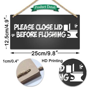 IARTTOP Bathroom Wood Sign-12.5x25cm,Toilet Warning Sign Wooden Plaque Hanging Wall Art ,Please Close Lid Before Flushing Hanging Washroom Bathroom Toilet Home Decoration