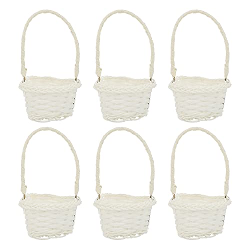 6pcs Flower Basket with Handle Wicker Rattan Flower Basket Handwoven Basket Picnic Candy Baskets for Home Shop Restaurant Flower Decor Heart White