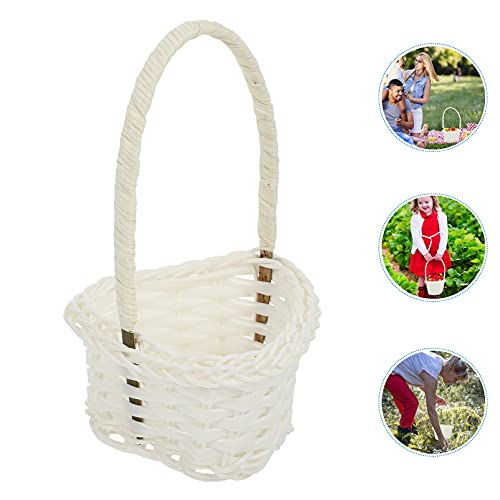 6pcs Flower Basket with Handle Wicker Rattan Flower Basket Handwoven Basket Picnic Candy Baskets for Home Shop Restaurant Flower Decor Heart White