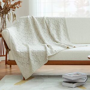amélie home lightweight wave pattern knit throw blanket cozy soft warm farmhouse decorative knitted throw blankets for couch bed sofa living room (cream, 50”x 60”)