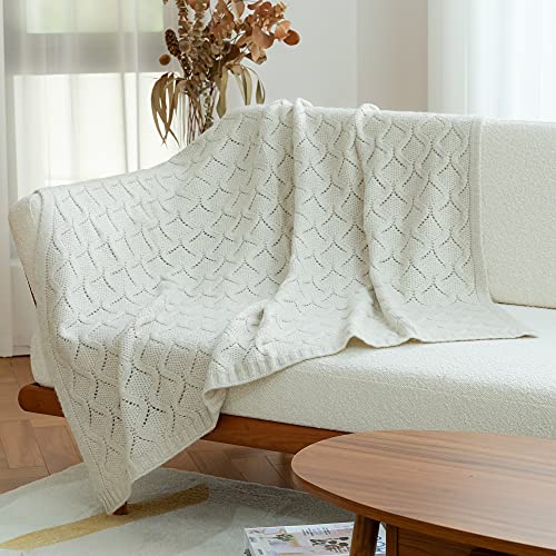 Amélie Home Lightweight Wave Pattern Knit Throw Blanket Cozy Soft Warm Farmhouse Decorative Knitted Throw Blankets for Couch Bed Sofa Living Room (Cream, 50''x 60'')