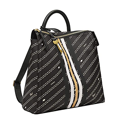 Fossil Women's Parker Faux Leather Convertible Small Backpack Purse Handbag, Black/Bone Signature Print