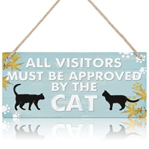 toarti funny cat pet lover wood sign-12.5x25cm,all visitors must be approved by the cat wooden plaque hanging wall art , lovely cat decor, adorable cat wall art,cat signs for door home decoration