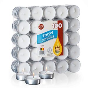 unscented tea lights candles | 100 pack, 3.5 hour long burn time | smokeless and dripless white tealight candles | small tea candles for home, travel, weddings, shabbat, & emergencies