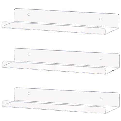 Weiai Clear Acrylic Shelf 15" Invisible Floating Wall Ledge Bookshelf, Kids Book Display Shelves Wall Mounted (15 Inch 3Pack)