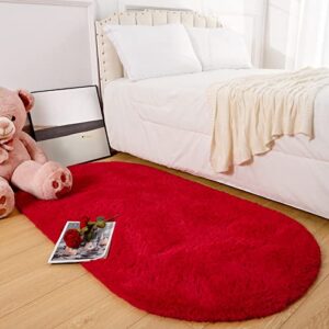 DETUM Soft Fluffy Area Rugs, 2.6 x 5.3 Feet Red Plush Rug for Girls Boys Bedroom Oval Throw Rug for Nursery Reading Room, Shaggy Cute Rugs for Kids Room Bedside School Dorm Home Décor