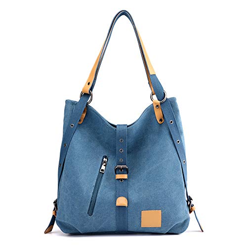 Jiamusi Women Purse Handbag Canvas Tote Bag Casual Shoulder Bag School Bag Large Capacity Canvas Backpack (Blue)